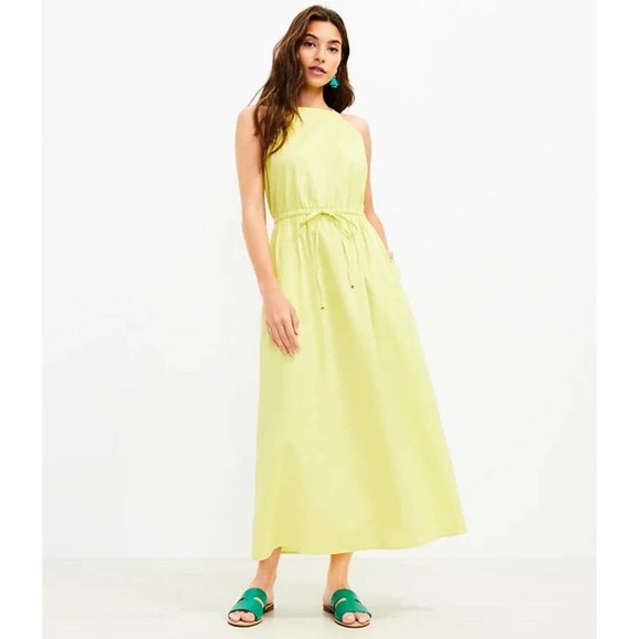 LOFT Pocket Midi Dress in Glowing Lime Drawstring Keyhole Back Size XL - Picture 1 of 8